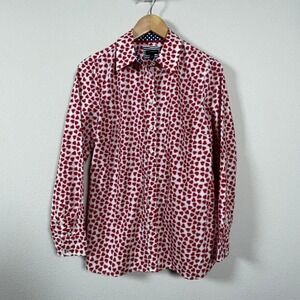 Talbots Heart Print Button Up Whimsical Shirt Womens S Red White Long Sleeve